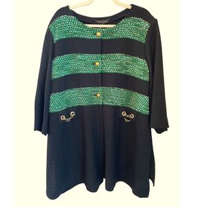 Ming Wang Size 3X Black 3/4 Sleeve Knit Jacket Green Tweed Accents Gold Chain